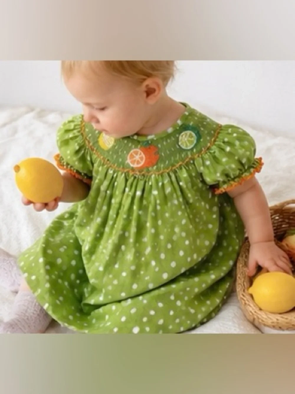 Ginger Hare Hand Smocked Citrus Bishop Dress 12M Green Polka Dot Boutique
